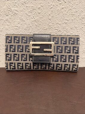 Fendi Black & Beige FF Logo Continental Wallet with Silver Buckle